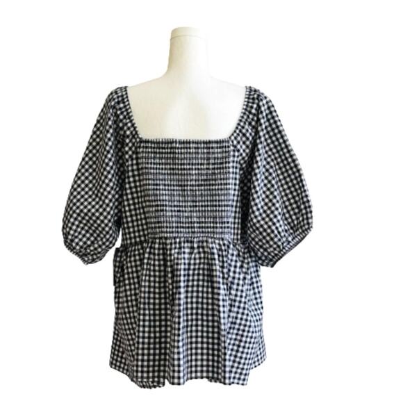 Terra & Sky Top Navy White Gingham Cotton Smocked Short Puff Sleeve Plus 1X NEW - Picture 7 of 12